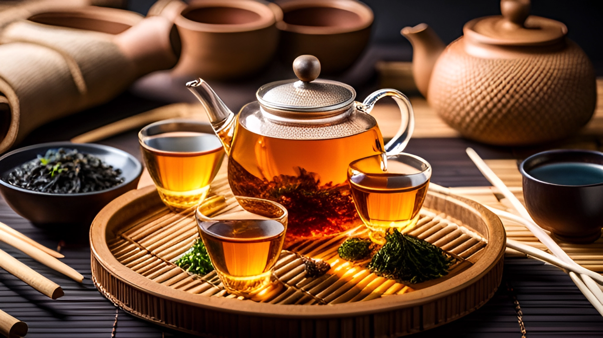 Oolong Tee Preparation with a pot and 3 cups<br>